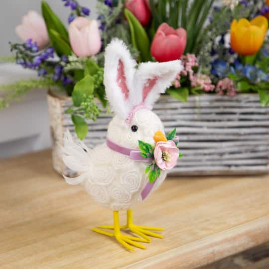 8.75" Floral Easter Chick Accent with Polka Dot Faux Fur Rabbit Ears